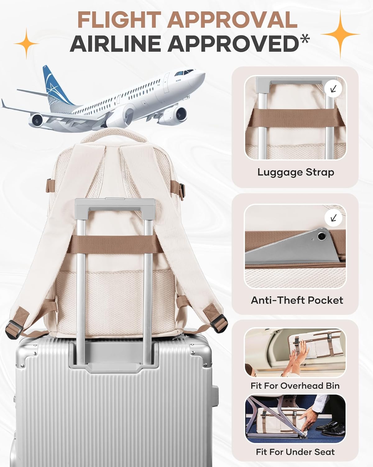 Skiennix Travel Backpack - Flight Approved Personal Item Bag for Airlines | Large Beige & Brown Design