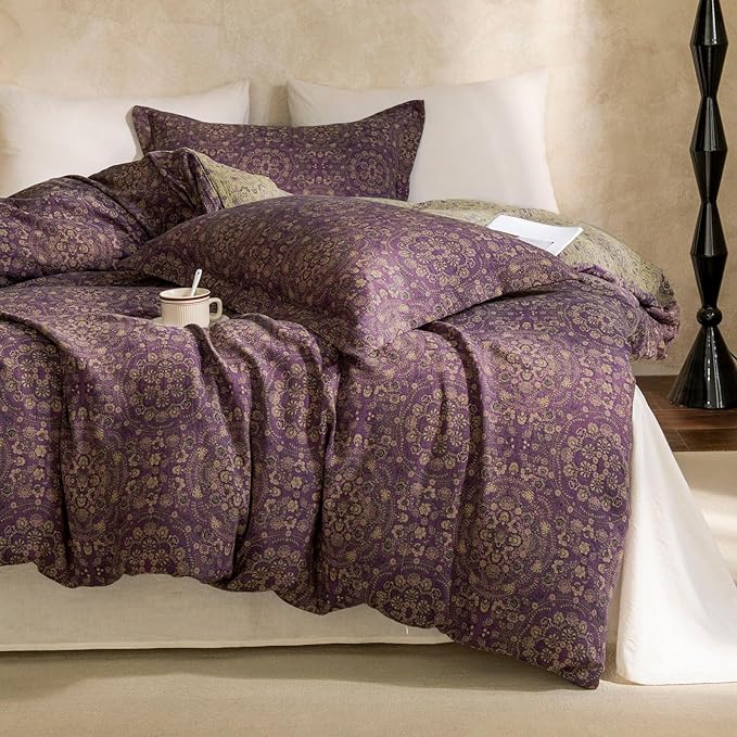 EAVD Soft 100% Cotton Muslin Yarn-Dyed Jacquard Textured Duvet Cover Queen Chic Shabby Purple Floral Duvet Cover with Zipper Closure Linen Like Gauze Floral Bedding Set with 2 Pillowcases