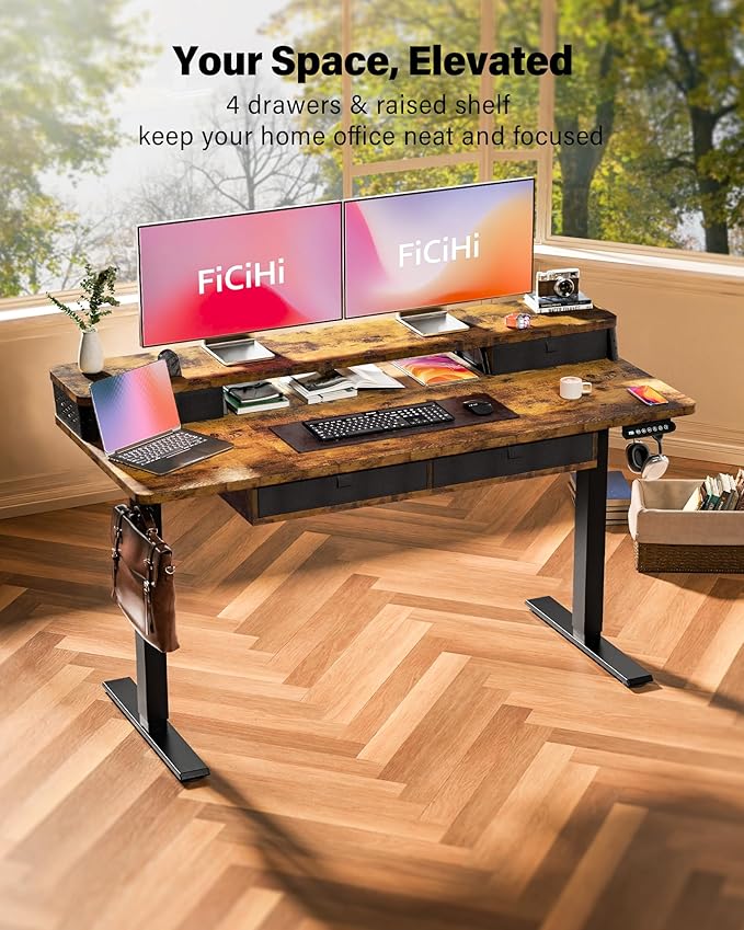 FiCiHi Adjustable Height Standing Desk with 4 Drawers,55 x 24 inches Electric Sit Stand Home Office Desk with Two Tiers, 3 Memory Presets, Monitor Stand Riser, C-Clamp Mount Compatible