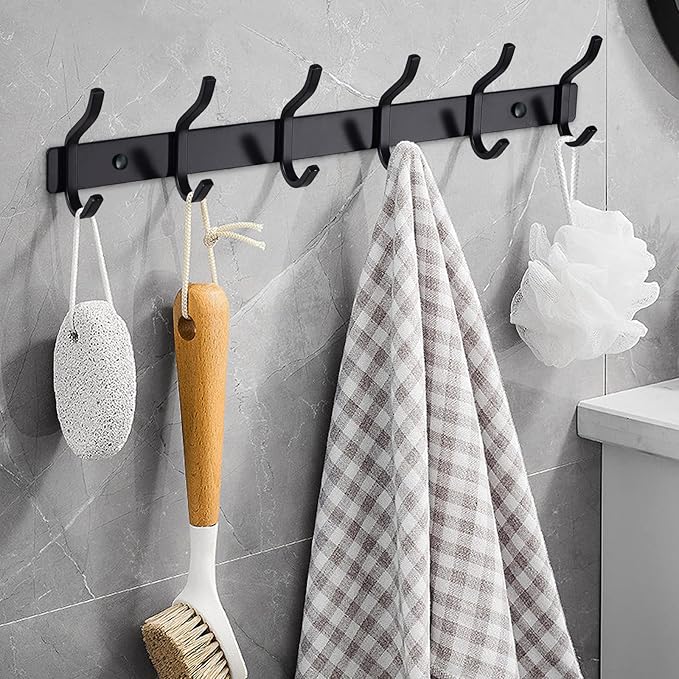 HAMUTH Black Wall Hooks, 17 Inch Coat Rack Wall Mount with 6 Hooks, Wall Hooks Heavy Duty for Hanging Backpack, Bag, Purse, Clothes, Hat, Coat, Towel | Entryway & Bathroom Storage Organization Hanger