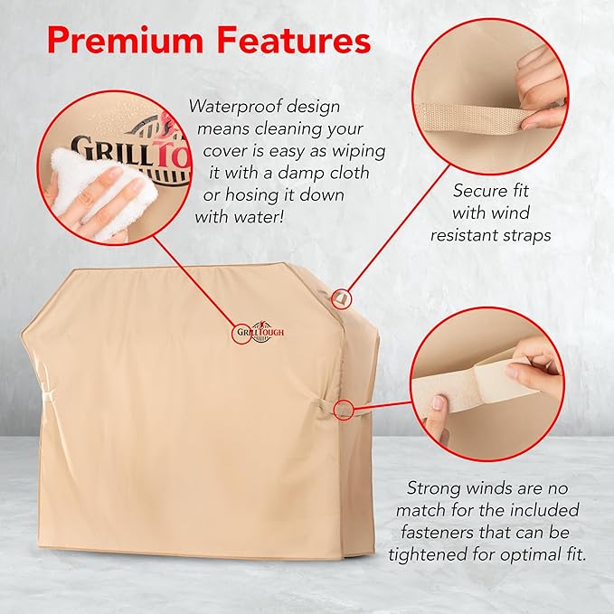 GrillTough Heavy Duty BBQ Grill Cover for Outdoor Grill, 30 Inch – Waterproof, Weather Resistant, UV & Fade Resistant with Adjustable Straps – Gas Grill Cover for Weber, Genesis, Charbroil, etc. Tan
