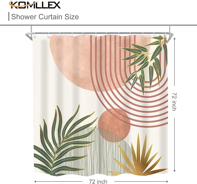 KOMLLEX Mid Century Pink Green Boho Shower Curtain 72Wx72L Inches Abstract Modern Shower Curtains for Bathroom Orange Gold Botanical Minimalist Arch Sun Fabric Liner Waterproof Polyester 12 Pack Hooks