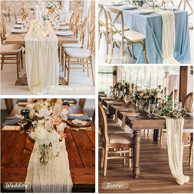 12 Pack 10Ft Cheesecloth Table Runner 35x120 Inch Boho Gauze Rustic Cheese Cloth Long Romantic Table Runner for Wedding Bridal Shower Birthday Party Table Decor (Beige)