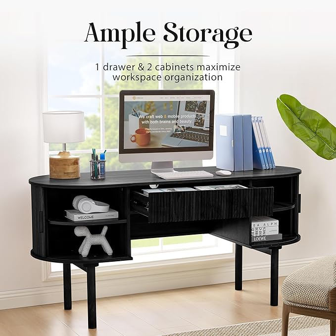 Executive Office Desk with Storage, 63 Inch Large Computer Workstation Desk with Drawer and File Cabinets, Mid Century Modern Fluted Wood Writing Desk for Home Office, Study Room, Living Room, Black
