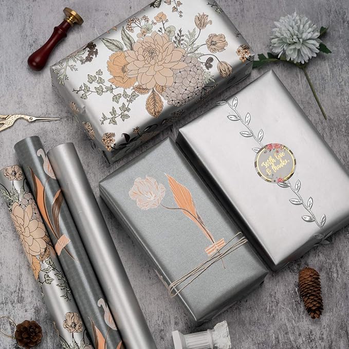 MAYPLUSS Wrapping Paper Roll - 3 Mini Roll - 17 in X 120 in Per roll - Sliver Floral, Silver Elegant Wrapping Paper for Girl,Women Wedding Party Birthday,Valentine's Day,Mother's Day