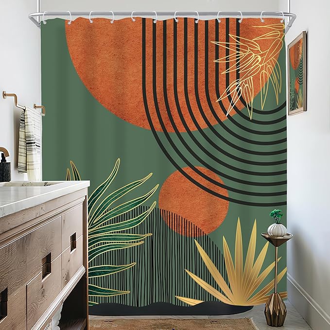 KOMLLEX Mid Century Green Orange Boho Shower Curtain for Bathroom Decor Abstract Modern Sun Minimalist Aesthetic Arch Curve Leaves Geometric Neutral Fabric Waterproof Polyester 12 Pack Hooks 60Wx72L