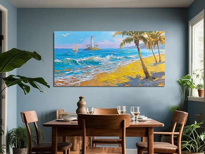 Brushart Beach Canvas Wall Art for Living Room Large, Coastal Bedroom Picture, Painting Wall Decor Ocean Textured Artwork for Walls Home Office 48"x24"