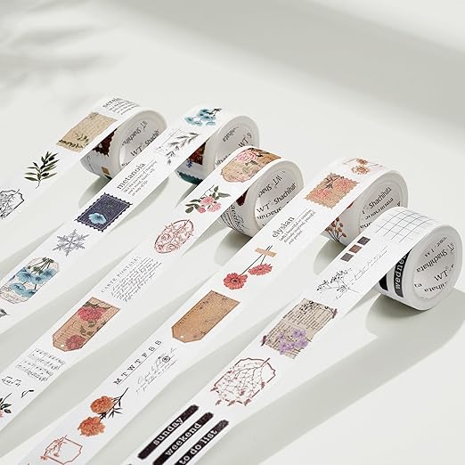 WT Seasonal Splendor Washi Tape Sticker Set, 5 Rolls, Original Designs, Vintage Watercolor Floral Design, Adhesive Stickers for Junk Journals, Scrapbooks, Bujo, Planners, DIY Crafts