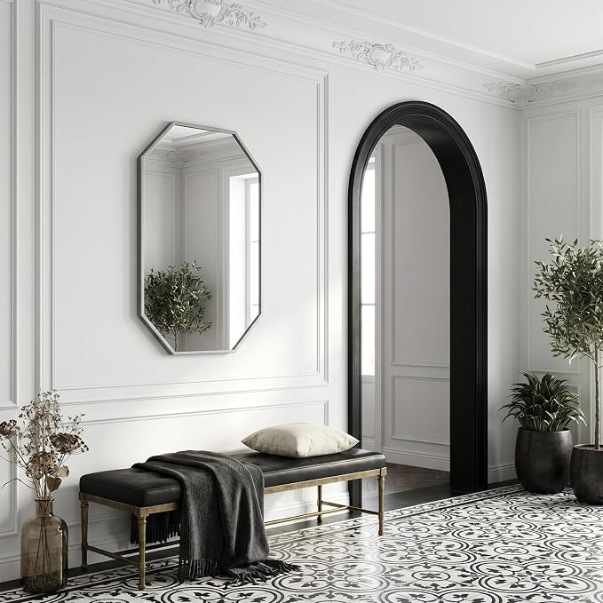 20"x28" Octagon Metal Mirror, Farmhouse Silver Bathroom Mirror, Rectangle Wall Mounted Vanity Mirror Hanging for Bedroom Entryway Living Room Farmhouse Horizontal/Vertical