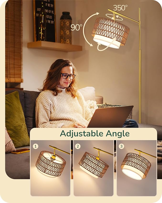 EDISHINE Rattan Arc Floor Lamp with Remote, Gold Farmhouse Standing Lamps for Living Room, Rattan & Fabric Dual Shades, Dimmable LED Bulb, Foot Switch, Adjustable Head Boho Lamp for Bedroom, Nursery