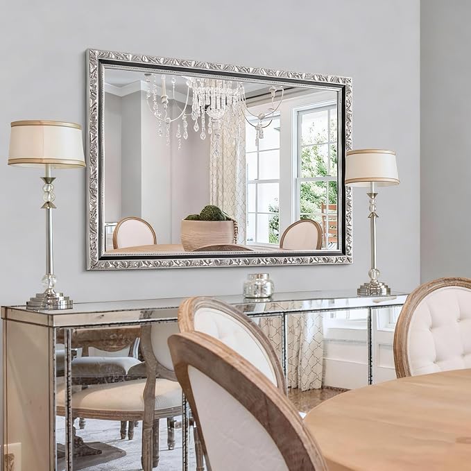 Vintage Black Silver Mirror, 40'' x 28'' Antique Wall Mirrors with Ornate Silver Carved Frame, Decorative Mirror for Living Room, Bathroom, Bedroom, Entryway, Fireplace, Horizontal/Vertical