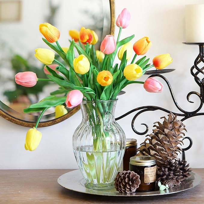 FiveSeasonStuff 15 Stems Real Touch Artificial Tulips – Lifelike Faux Flowers for Home, Weddings, Gifts & Spring Floral Décor (Festive Bloom – Orange, Yellow, Pink)