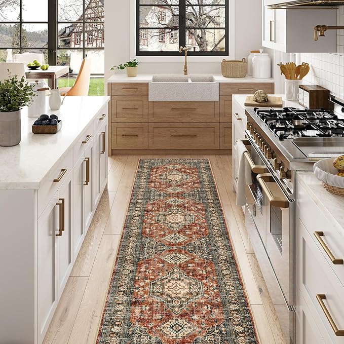Lahome Oriental Hallway Runner Rug, 2.5x10 Washable Runner Ultra-Thin Hallway Rug for Bedroom Entryway, Soft Long Carpet for Kitchen Bathroom ‎Laundry Room, Brick Red