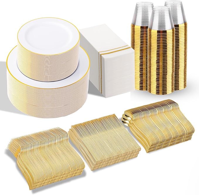 SUT 700Pcs Disposable Dinnerware Set for 100 Guests, White and Gold Plastic Plates, Party Plates and Cups and Napkins Sets, plates and Napkins Party Supplies, Gold plastic Silverware for Party Wedding