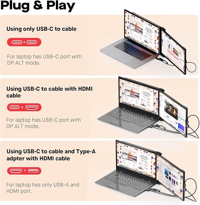 Mobile Pixels New Duex Max DS 14.1'' FHD 1080p Laptop Screen Extender, USB Type-C/HDMI Ports, Portable Monitor for 14'' to 17 Inch Laptops, Compatible with macOS/Windows/Apple/Android/Switch(Black)
