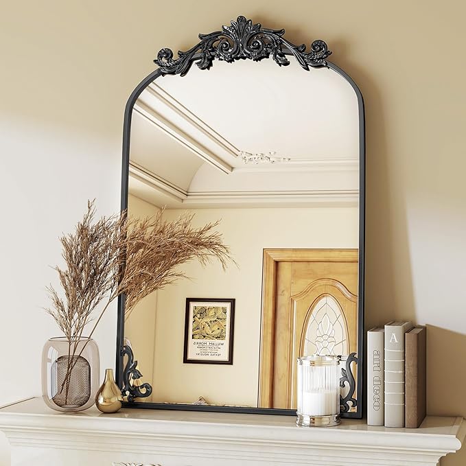 VooBang 24x36 inch Vintage Arched Bathroom Mirror - Gorgeous Wall Vanity Mirror with Beautiful Retro Top and Bottom Engraving Process Frame for Entryway Hallway Living Room, Black