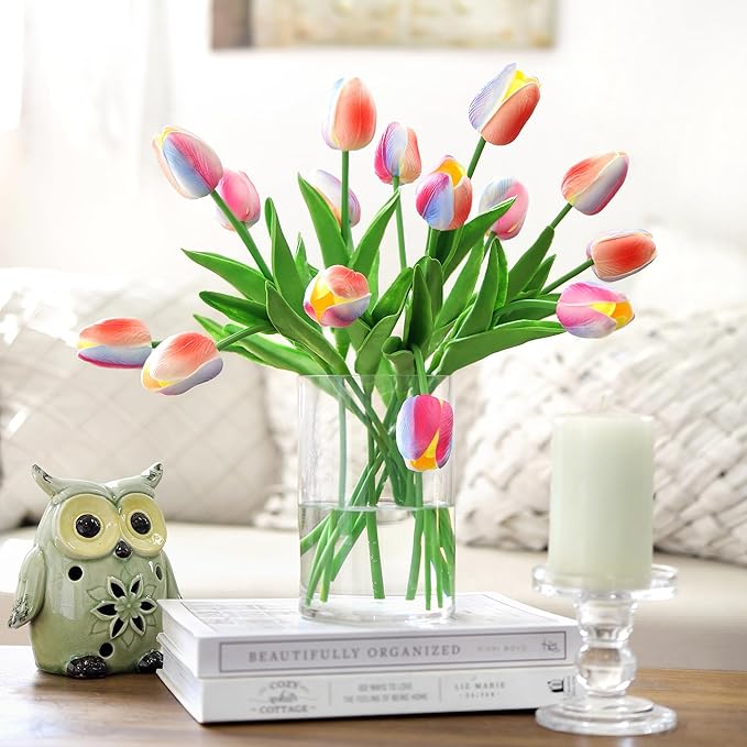FiveSeasonStuff Real Touch Pastel Rainbow Gradient Tulips – 15 Stems Artificial Flowers with Multicolor Petals for Bouquets, Centerpieces, Home Decor, Spring & All-Season Arrangements