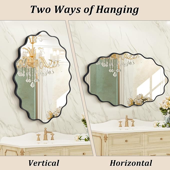 Oval Wavy Wall Mirror -Irregular Wall Mirror with Black Asymmetrical Aluminum Alloy Frame,22"x30" Decorative Wall Mirrors for Bathroom, Bedroom, Living Room, Dining Room，Entryway