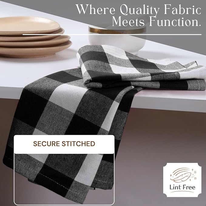 Black Buffalo Check Plaid Kitchen Towels, 12 Pack, 100% Cotton, 16x26 Inches, Super Absorbent, Quick Dry, Soft, Dish Drying & Cleaning Towels with Hanging Loop, Black and White