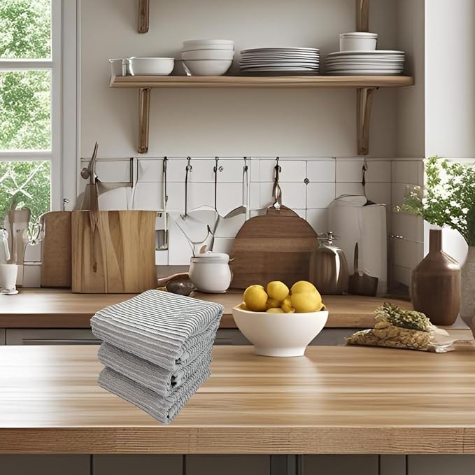Serafina Home Light Grey Gray Kitchen Hand Dish Towels: Oversized 28" x 18", 100% Cotton Cloth Soft Cleaning Drying Absorbent Ribbed Design, Set of 3 Multipurpose for Everyday Use