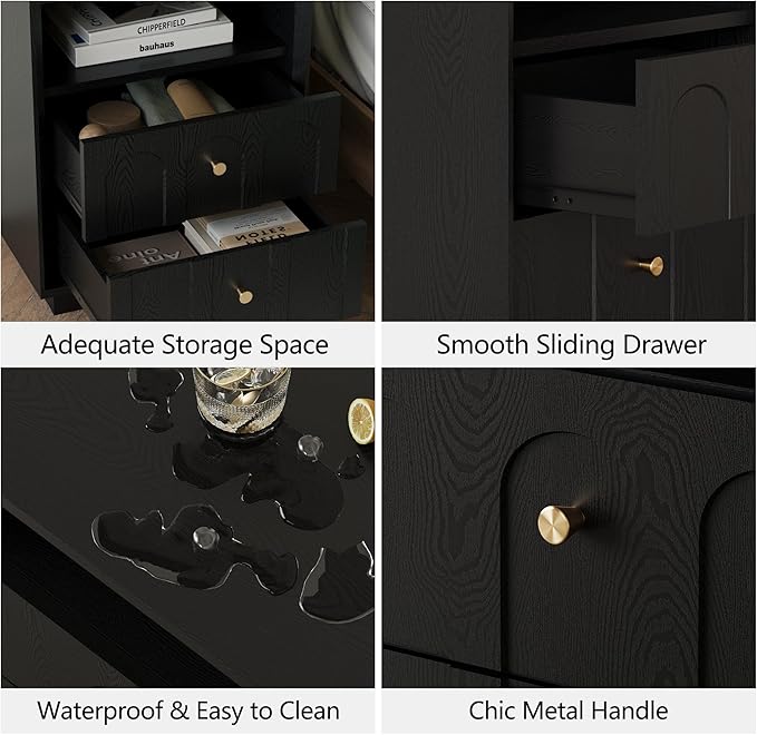 Nightstand with Charging Station, Modern Nightstand with Arched Design, Minimalist End Table with Wood Grain Texture, Bedside Table for Bedroom Living Room Sofa Office, Black