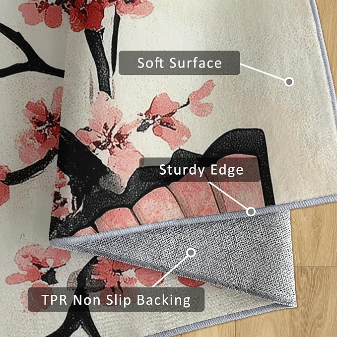 Japanese Cherry Blossom Runner Rug 4x9, Oriental Fan Design, Asian Area Rug, Washable Non-Slip Floor Carpet Runner for Bedroom, Dining Room, Living Room Aisle