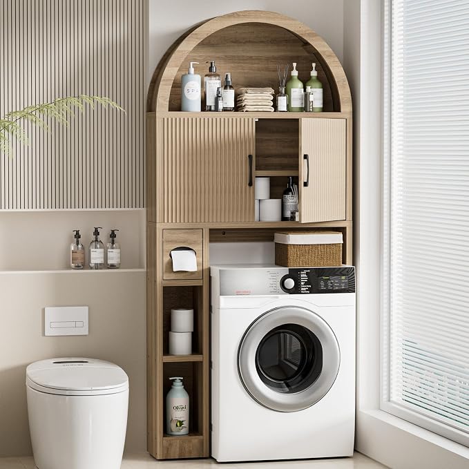 Spurgehom Over The Toilet Storage Cabinet, Bathroom Shelf Organizer Freestanding, Bathroom Arch Cabinet Over Toilet with Toilet Paper Holder and Anti-Tipping Device, Wood
