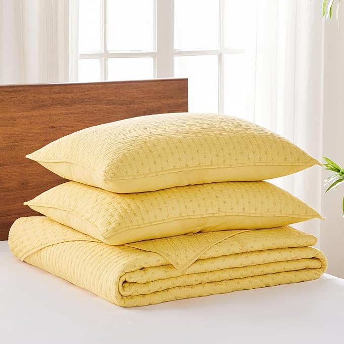 Levtex Home Cross Stitch Reversible Queen Bedspread Set (104x106in) with 2 Pillow Shams (26x20in) - Stitch Texture - Yellow - Cotton Queen Size Bedspread Set - Lightweight, Soft, Pre-Washed