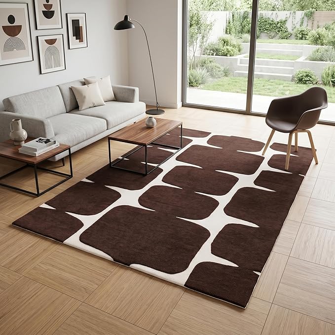 Restoration and Renovation Modern Wool Area Rug - Contemporary Abstract Geometric Design, Thick & Soft Hand-Tufted Carpet - Ideal for Indoor Decor in Living Room, Bedroom (Chocolate Brown, 5' Round)