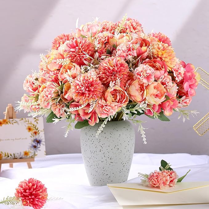 Olgaa 12 Bundles Peonies Artificial Flowers Silk Flowers Fake Peony Bouquet Faux Peonies Flowers Bulk for Wedding Decor Centerpiece Table Decorations (Red)