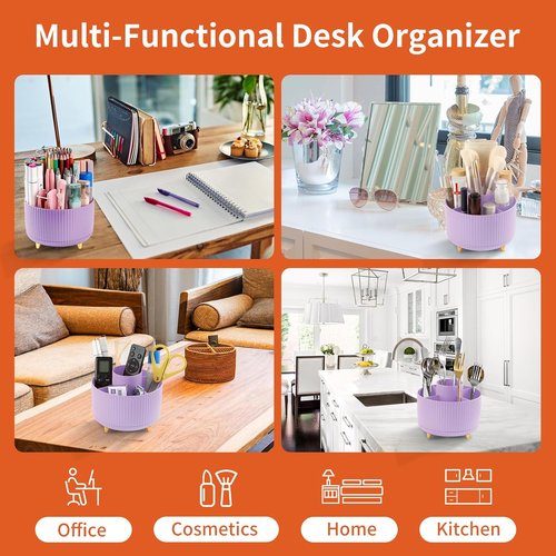 Skiennix 360° Rotating Desk Pencil Holder - 5 Slot Organizer for Office & Home - Purple