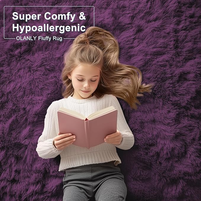 OLANLY 2x5 Machine Washable Runner Rugs for Hallway, Soft Fluffy Shaggy Bedside Rugs for Bedroom, Living Room, Indoor Floor Carpet for Kids Girls and Boys, Home Decor Aesthetic, Dark Purple