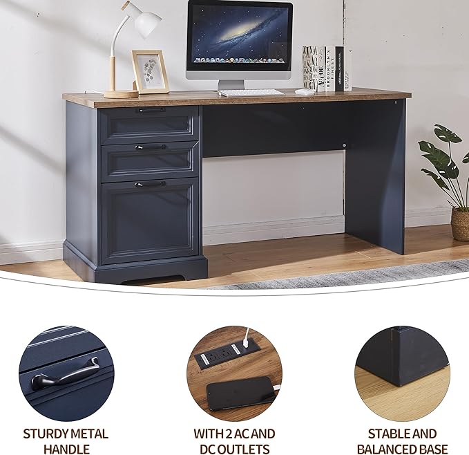60" Farmhouse Executive Desk with Charging Station,Home Office Desk with 2 Drawers &1 File Cabinet,Wood Work Desk for Office and Home (Blue)