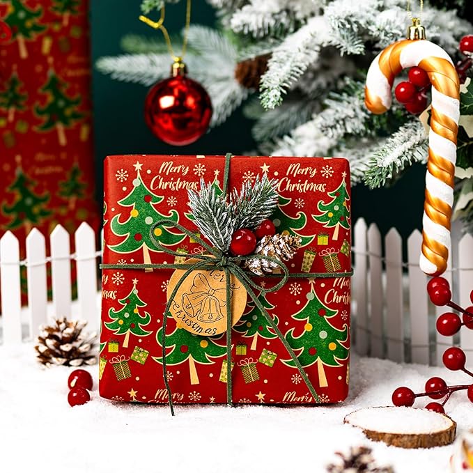Yarcony Red Christmas Wrapping Paper, Thick Kraft Wrapping Paper, Vintage Traditional Red and Green Christmas Tree Pattern Brown Holiday Gift Wrap for Present Packaging (Mini Roll, 17 Inch X 33 Feet)