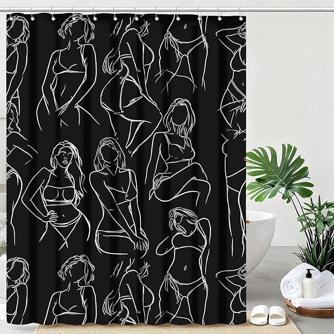 Black and White Shower Curtain Abstract Women Minimalist Art Shower Curtains for Bathroom Waterproof Fabric Bath Curtain Decor with Hooks