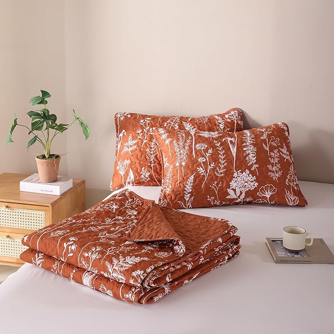 JANZAA Twin Quilt Terracotta Quilt Bed Spread Boho Quilt with Floral Pattern Microfiber Quilts Set 2 Pieces Lightweight Comforter Reversible Bedding Set,1Quilt 66x90 inches,1 Pillowcase