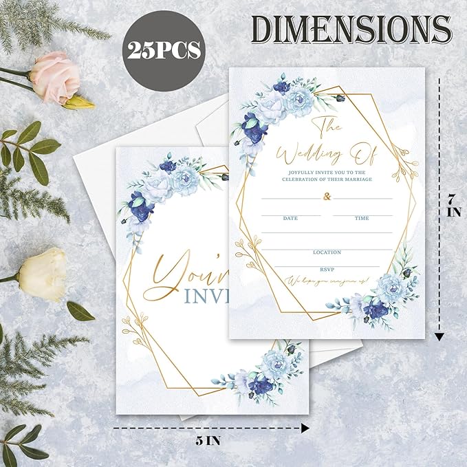 Dusty Blue Floral Wedding Invitations, 5"x 7" Elegant Blue Roses Wedding Invites Card With Envelopes, 25 PCS for Party Decorations and Supplies - A14
