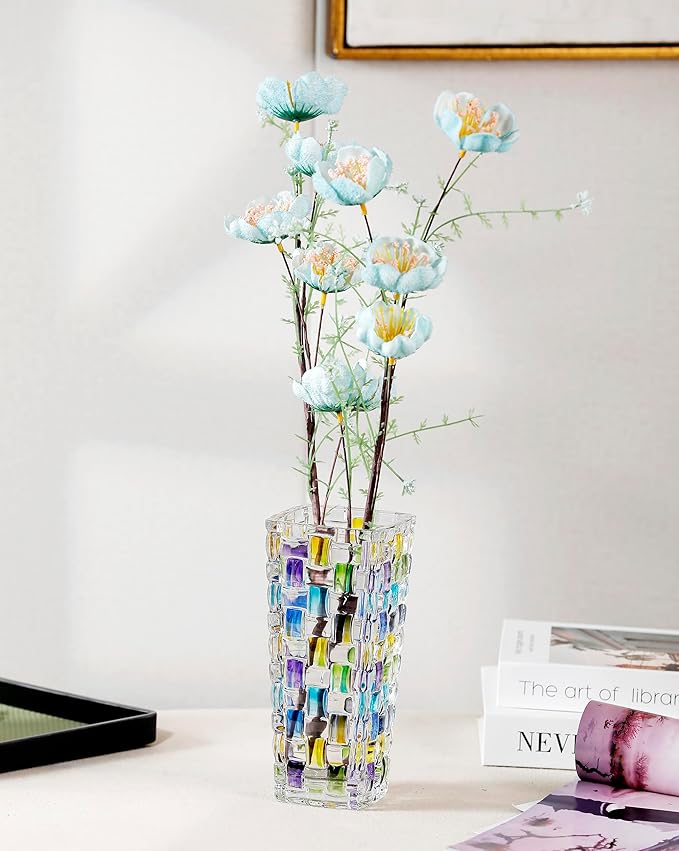 Magcolor Hand Painted Blue Woven Glass Vase -Crystal Flower Vase- 7.7 inch, Glass Plant Vase for Floral Arrangements, Centerpieces, Weddings, Housewarming, Centerpiece Home Deco.