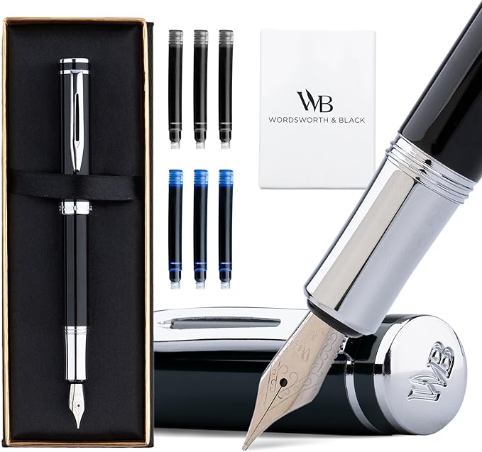 Wordsworth and Black Fountain Pen Mini EDC: Luxury Black Heavy Pocket Pen, Chrome Finish, Medium Nib, 6 Ink Cartridges, Ink Converter, Travel Refillable Writing Pen Gift Set, Men & Women