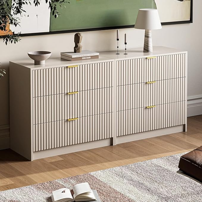 3-Piece Dresser Bedroom Set, 5 Drawer Dresser & 3 Drawer Nightstands with Gold Handles, Fluted Wood Chest of Drawers for Bedroom, Living Room, Entryway, Beige