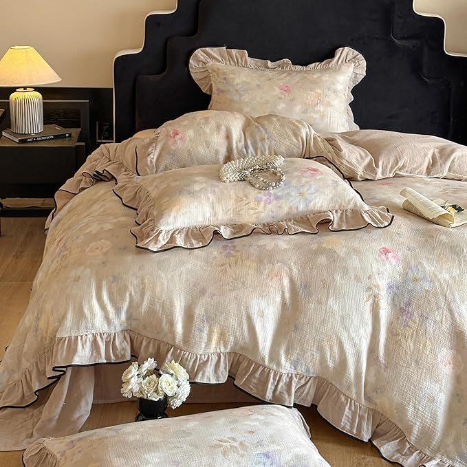 VM VOUGEMARKET Vintage Flower Duvet Cover Set King Ruffled Linen Gauze Duvet Cover with 2 Pillow Shams Soft Breathable Muslin Cotton Bedding Set-Ivory