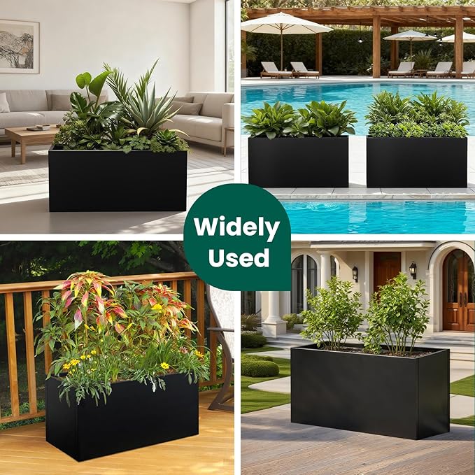 Black Planter Box Galvanized Steel Metal Planter Rectangular Indoor Large Outdoor Planters Steel Metallic Heavy Flower Pot 36In x 12In x 16In Commercial Residential for Patio, Backyard, Garden