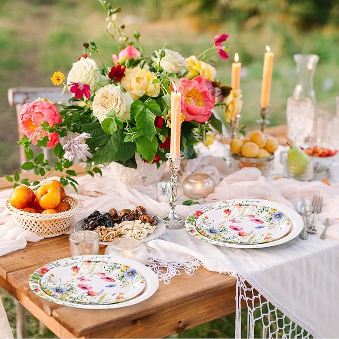 250 Pcs Wildflower Party Decorations Include Spring Summer Floral Paper Plates Napkins and Cups for Wildflower Baby Shower Tea Decorations, Serve 50 Guest(Colored,Vivid Style)