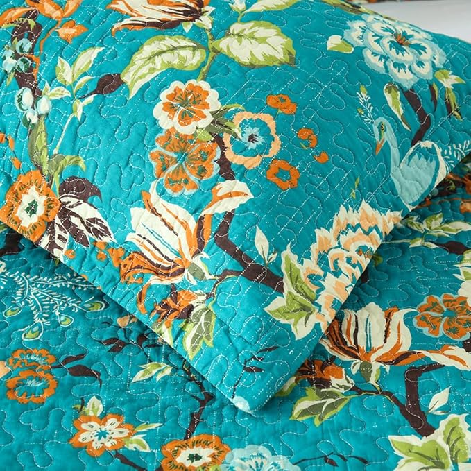 ENASAL Cotton Bedspread Quilt Sets Reversible Bedding Coverlet Sets Comforter, Vintage Floral Farmhouse Pastoral Turquoise Bedspread, Queen Size