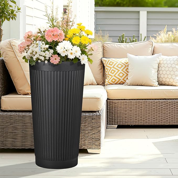 Set of 2 Tall Self-Watering Planters, 24" Large Planters with Water Level Indicator for Indoor & Outdoor Plants, Modern Planters for Garden, Patio, Balcony, Porch, Black
