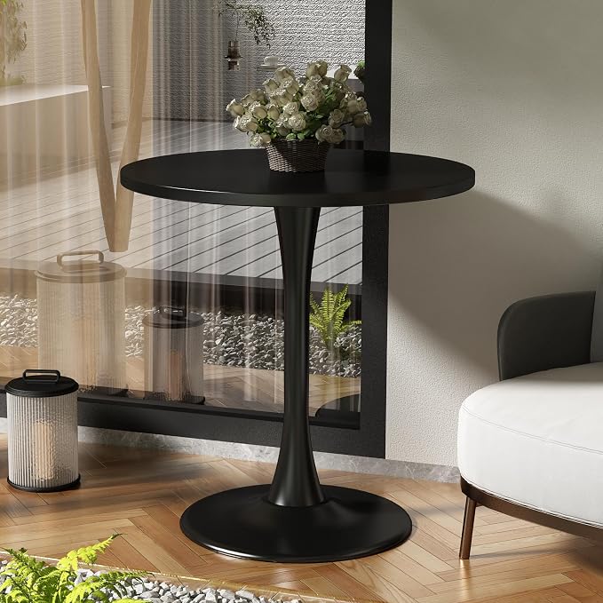 Round Dining Table 27.5" Circle Tulip Table with Wood Thickened Tabletop & Sturdy Metal Pedestal Mid Century Modern Leisure Bistro Kitchen Tables 4 People Small Places Living Room Cafe,Black