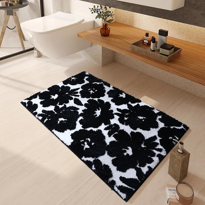 Civkor Black and White Bathroom Rug, Tufted Flower Bath Mat for Bathroom with Non Slip TPR Backing, Quick Dry Microfiber Surface, Soft and Super Water Absorbent Bath Rug, 24x16Inch
