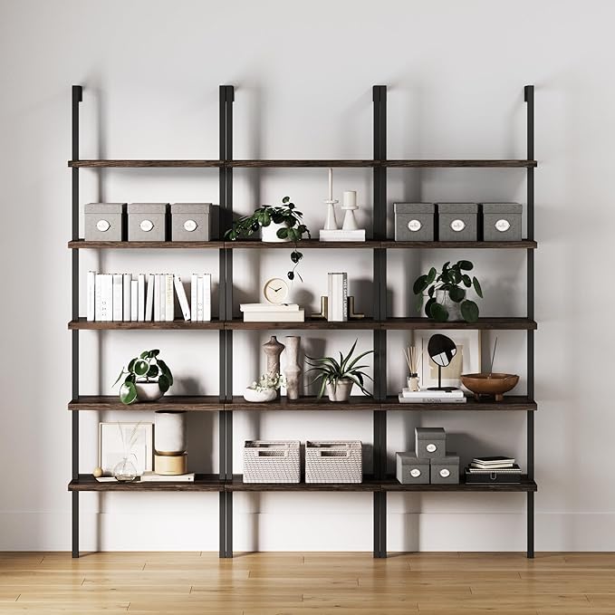 Nathan James Theo 5-Shelf Wood Modern Bookcase, Open Wall Mount Ladder Bookshelf with Industrial Metal Frame, Dark Walnut Brown/Black, Set of 3