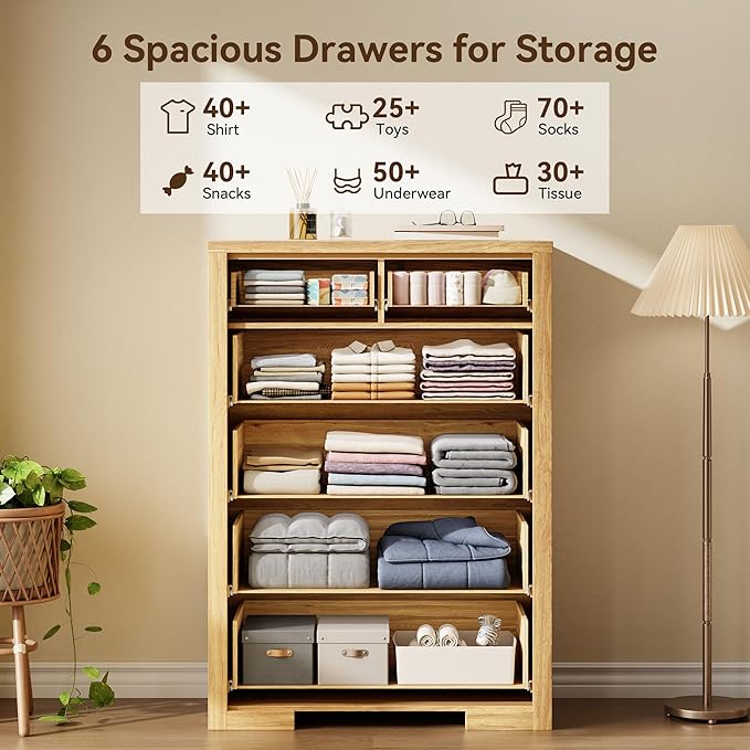 Fluted Dresser for Bedroom, 45" Tall Modern Chest of Drawers with 6 Drawers, Wood Closet Clothes Storage Organizer for Living Room, Wooden Dresser for Hallway, Natural Oak
