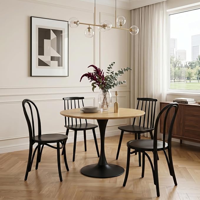 31.5" Round Dining Table, Modern Tulip Table with Natural Wood Grain MDF Top & Black Steel Pedestal Base, Mid Century Kitchen Table for Small Spaces, Apartment, Breakfast Nook, Office